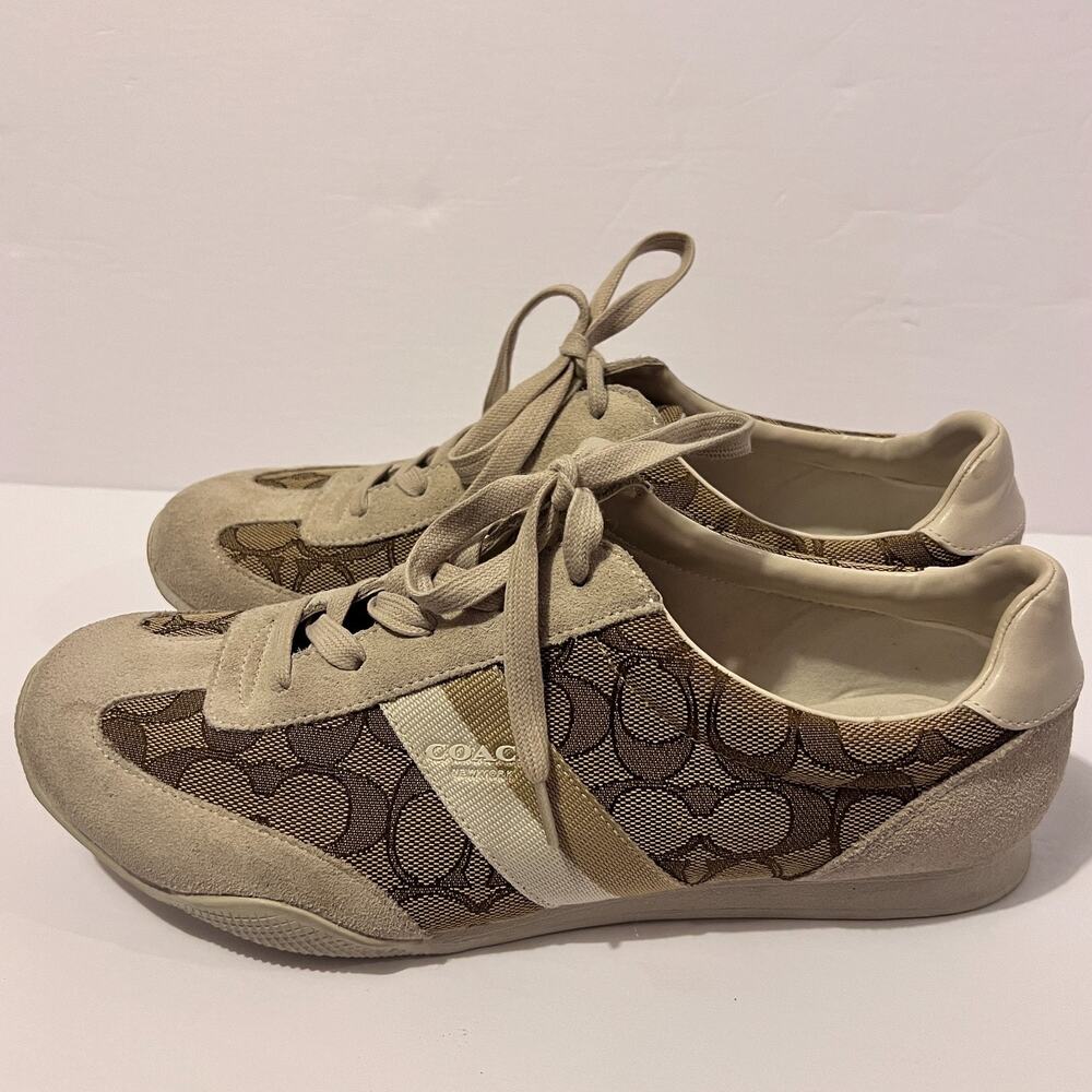 Coach Womens Sneakers Joss Logo Low Top Lace Up Brown Beige Cream Suede Size 9.5